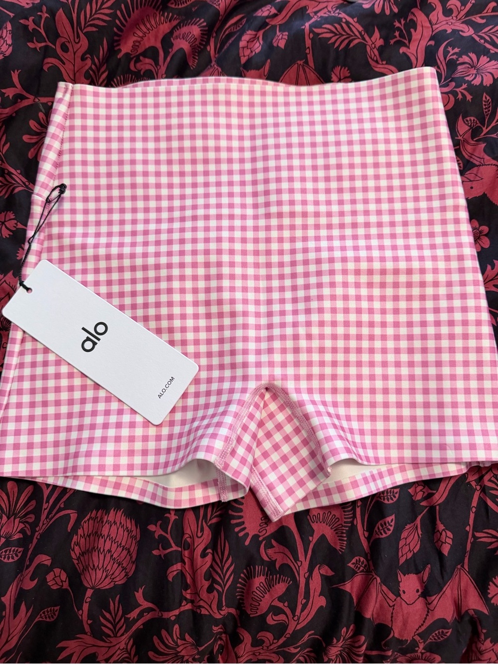 Alo Pink Gingham High-Rise Bike Shorts